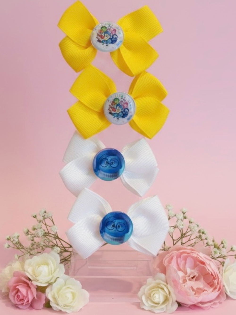 Bundle of 2 Pairs 3” Handmade Hair Bows – Inside Out Epoxy Dots – Yellow & White